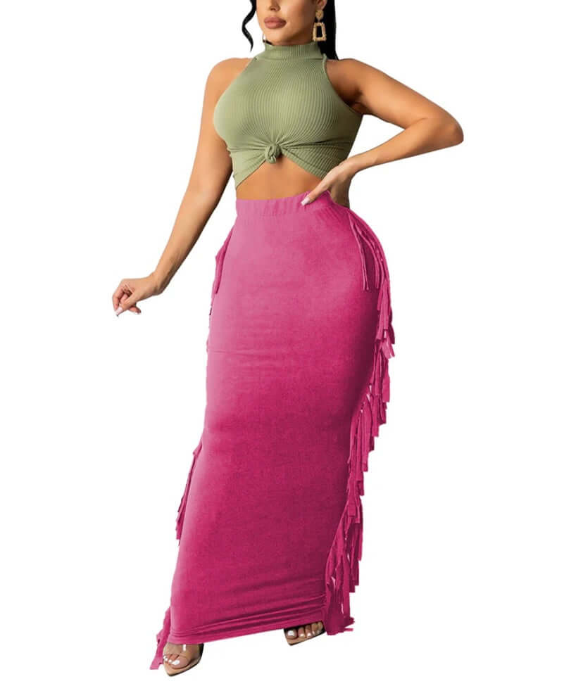 pink Women's Elastic Waist Slim Bodycon Side Tassels Long Maxi Pencil Skirts