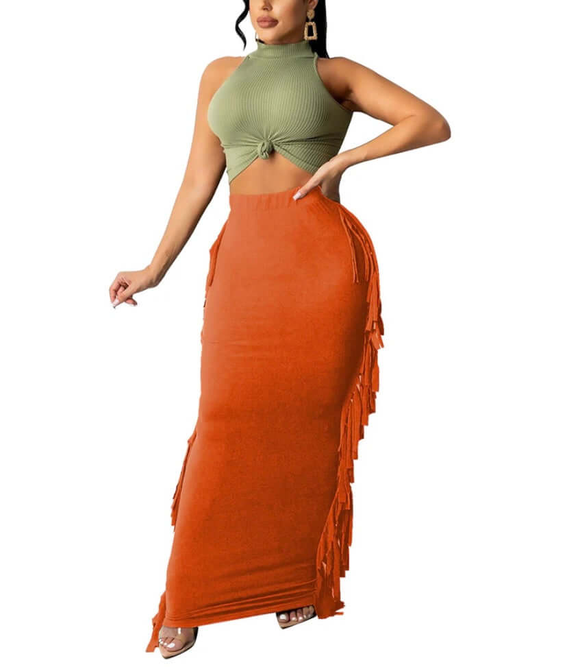 orange Women's Elastic Waist Slim Bodycon Side Tassels Long Maxi Pencil Skirts
