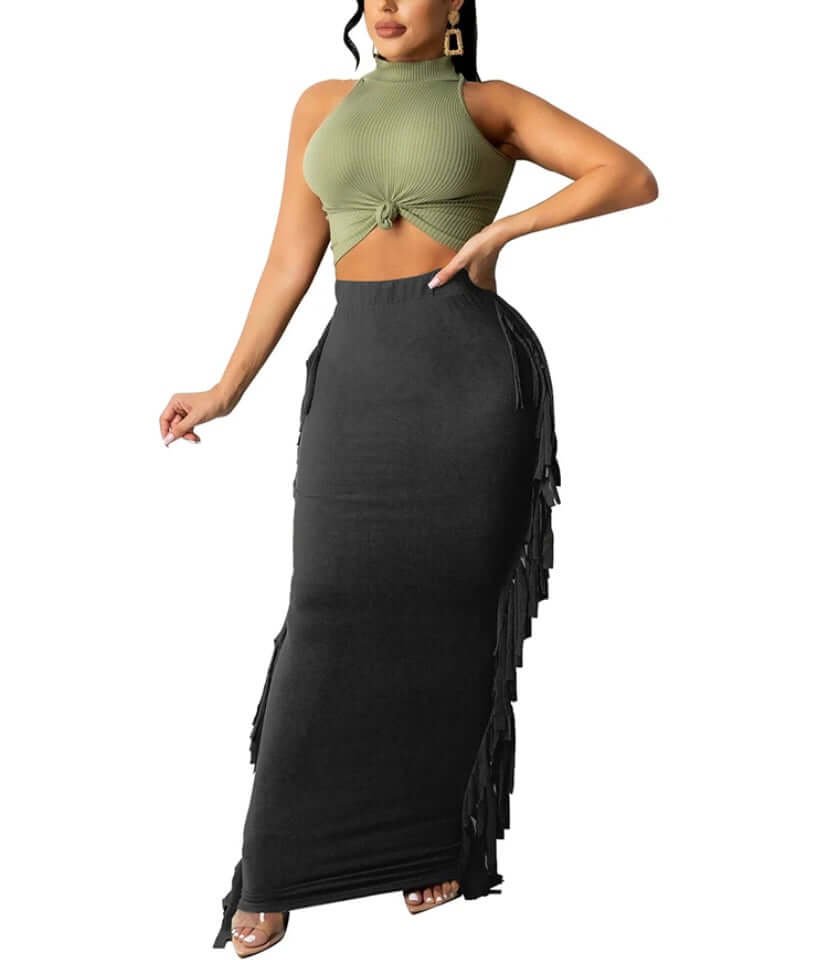 black Women's Elastic Waist Slim Bodycon Side Tassels Long Maxi Pencil Skirts