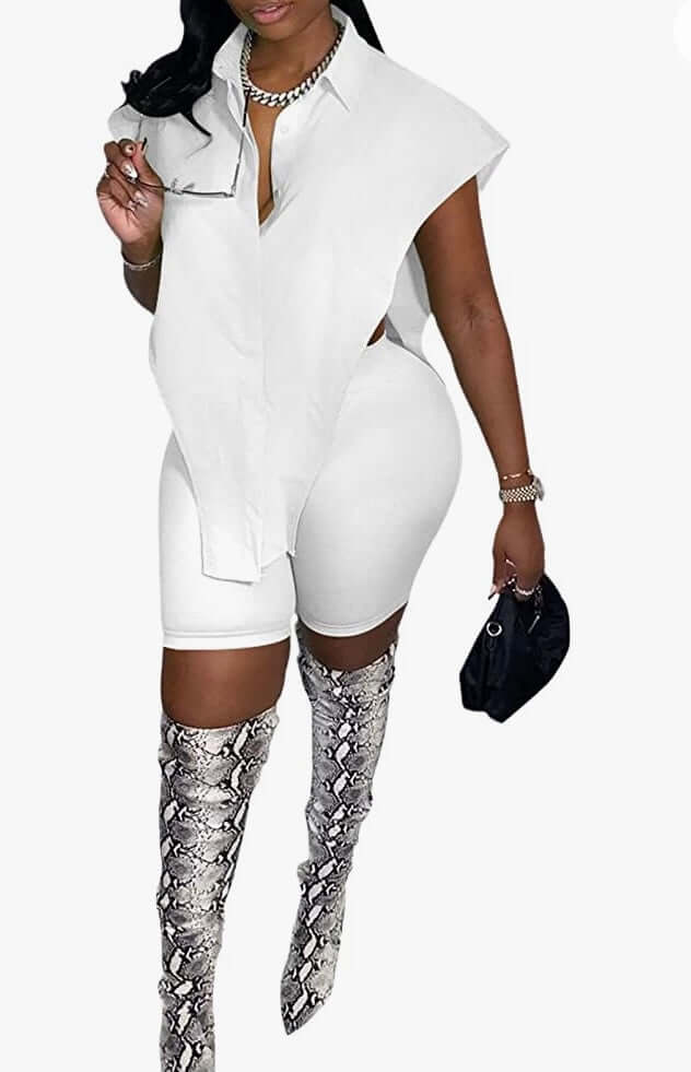white Women's Sleeveless Two Piece Outfits Side Slit Irregular Shirt and Bodycon Shorts Sets
