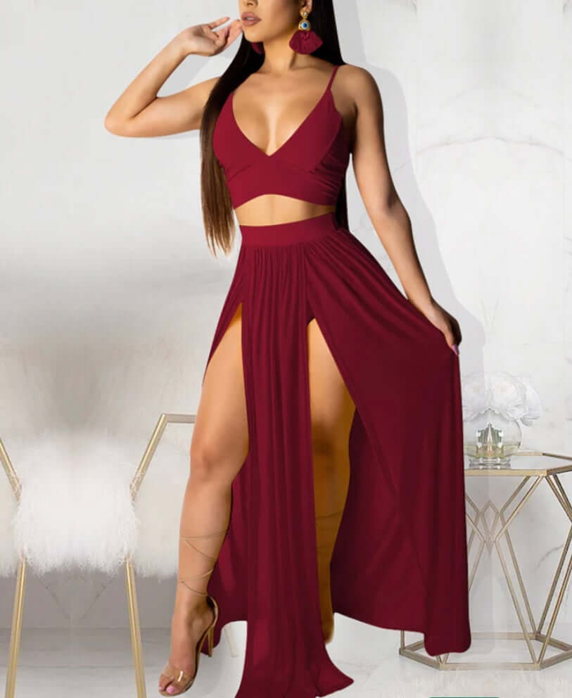 burgundy Women Tassels Hollow Out 2 Piece Outfits