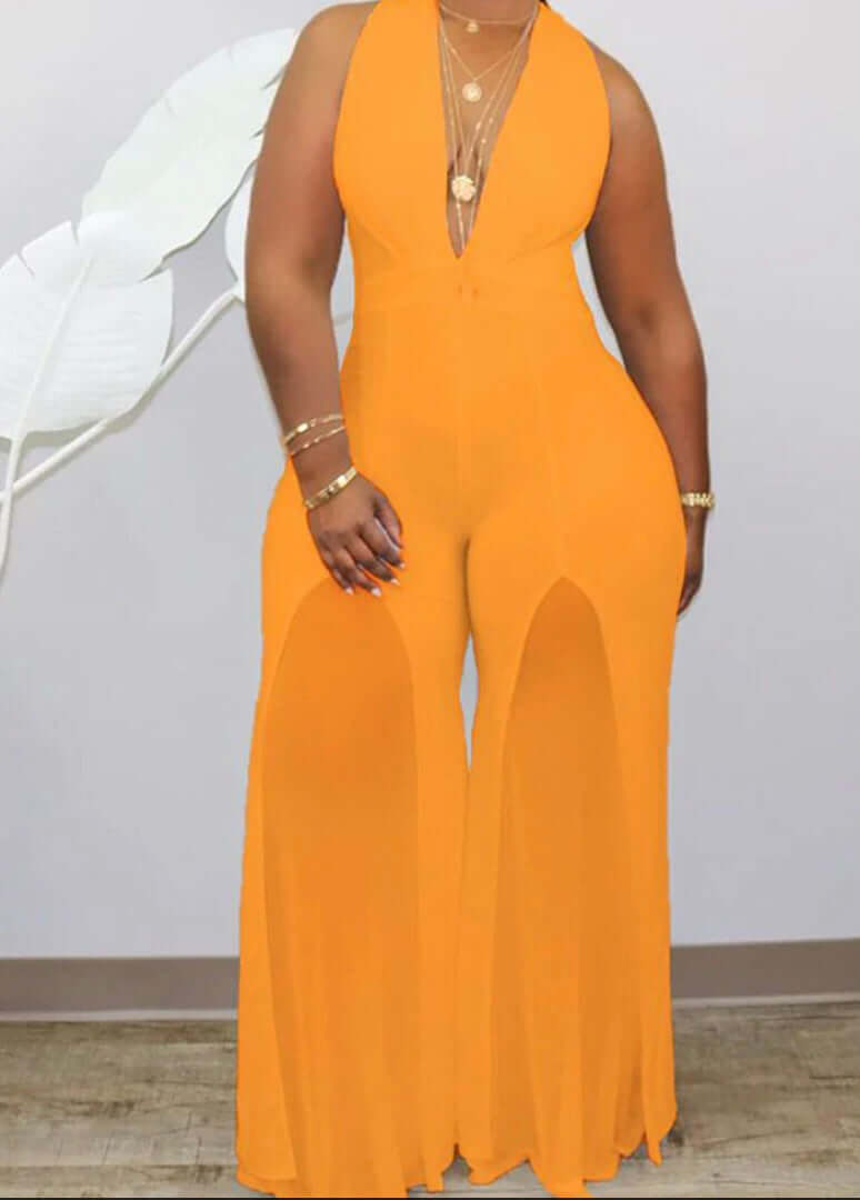 orange Plus Size Halter Wide Leg Pant Jumpsuit