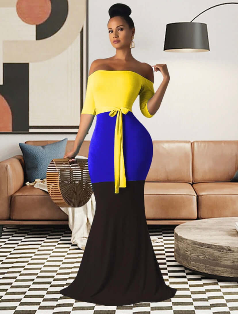Yellow, Blue, Black triple Color Off Shoulder Bodycon Dress