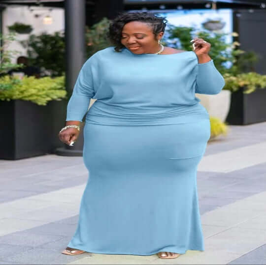 blue Plus Size 2 Piece Long Sleeve Top And Skirt Set