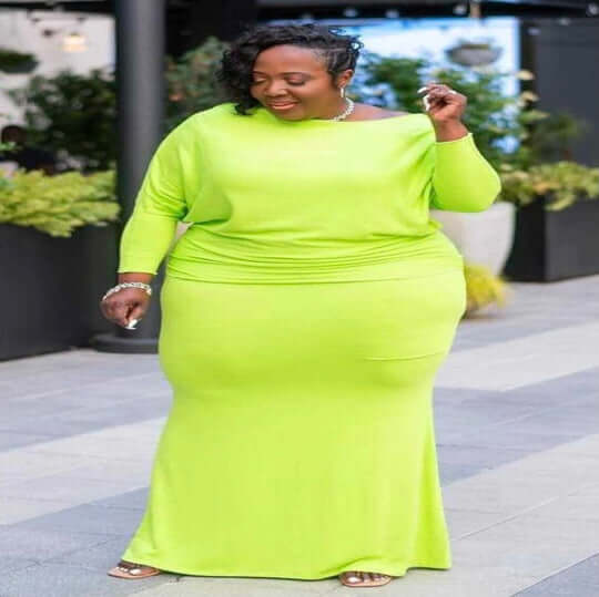 lime Plus Size 2 Piece Long Sleeve Top And Skirt Set