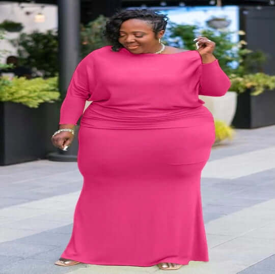 pink Plus Size 2 Piece Long Sleeve Top And Skirt Set
