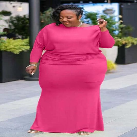 pink Plus Size 2 Piece Long Sleeve Top And Skirt Set