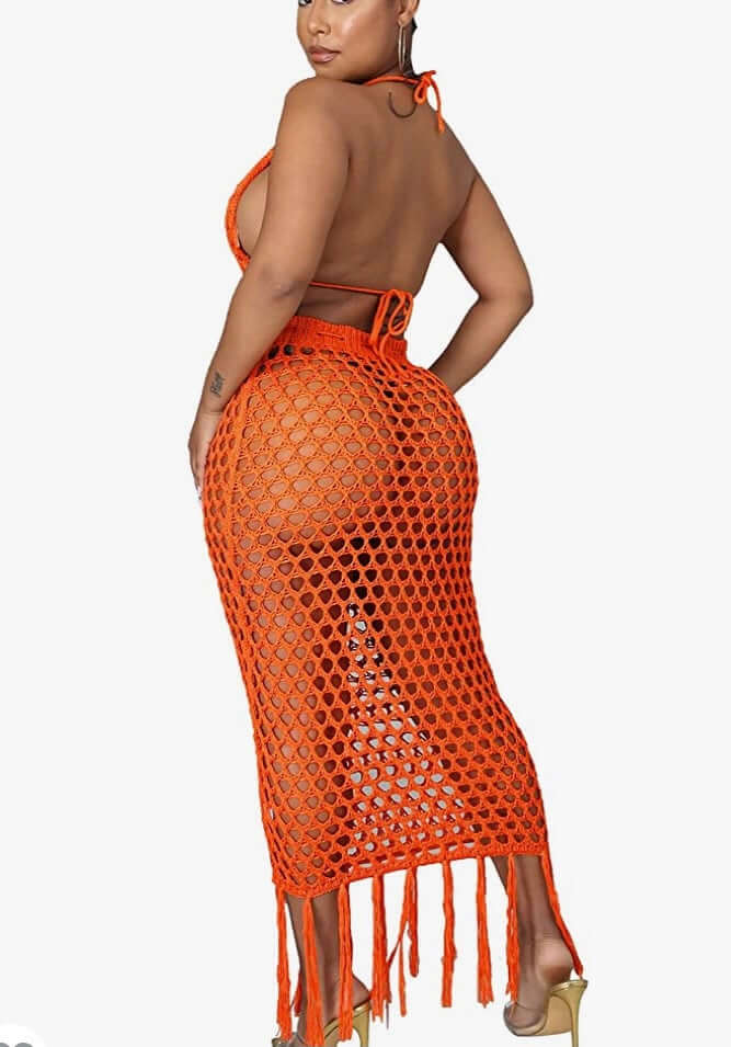orange Women 2 Piece Sexy Swimwear Cover-Ups Mesh Crochet Tassel