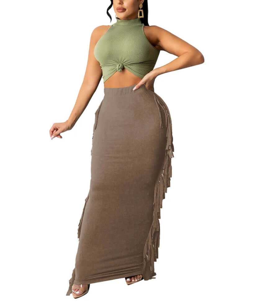 taupe Women's Elastic Waist Slim Bodycon Side Tassels Long Maxi Pencil Skirts