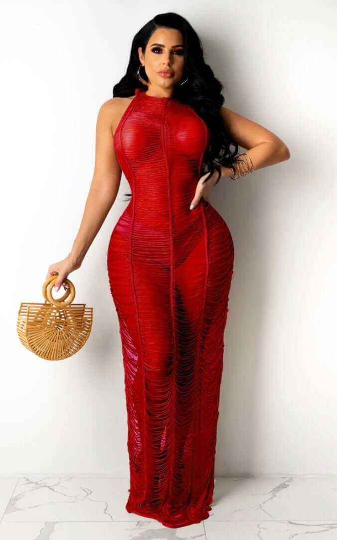 red Halter Tassel Backless Bikini Cover Up Maxi Dress