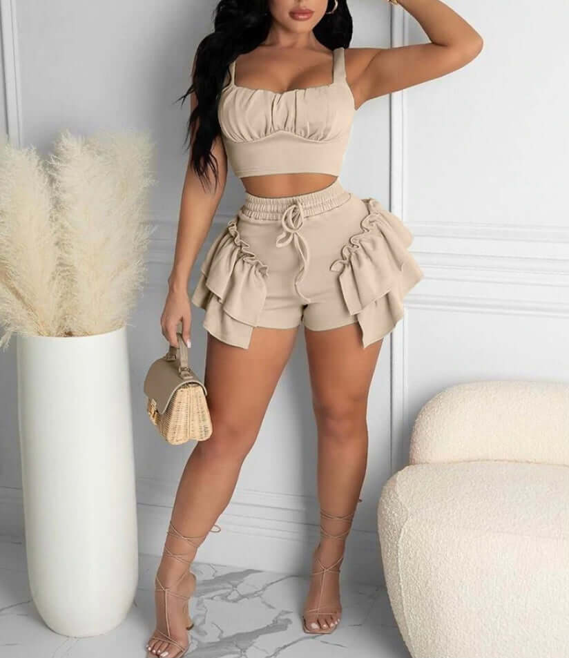 taupe Two Piece Sleeveless Tank Tops Ruffle Shorts Set