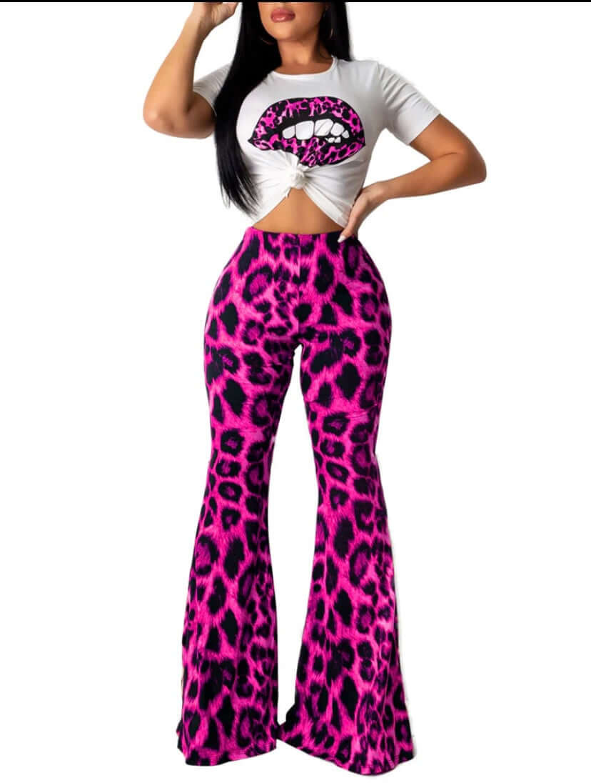 pink Lips Crop Top and Leopard Print Flare Pants