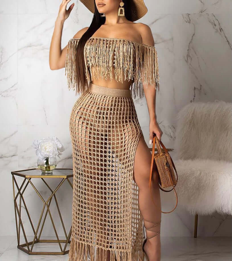 taupe Women Tassels Hollow Out 2 Piece Outfits