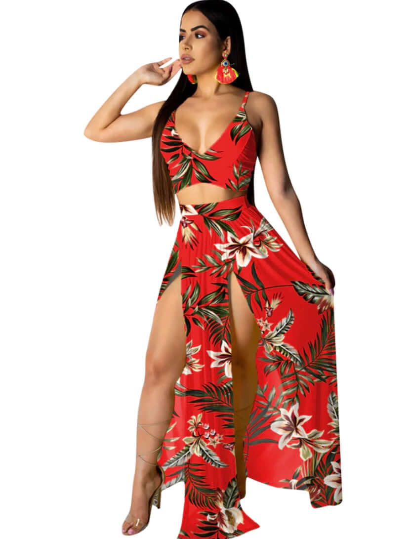 red Women Tassels Hollow Out 2 Piece Outfits