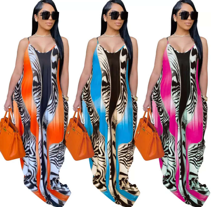 Leopard Stripe Maxi Dress Print Floor Length with Pockets