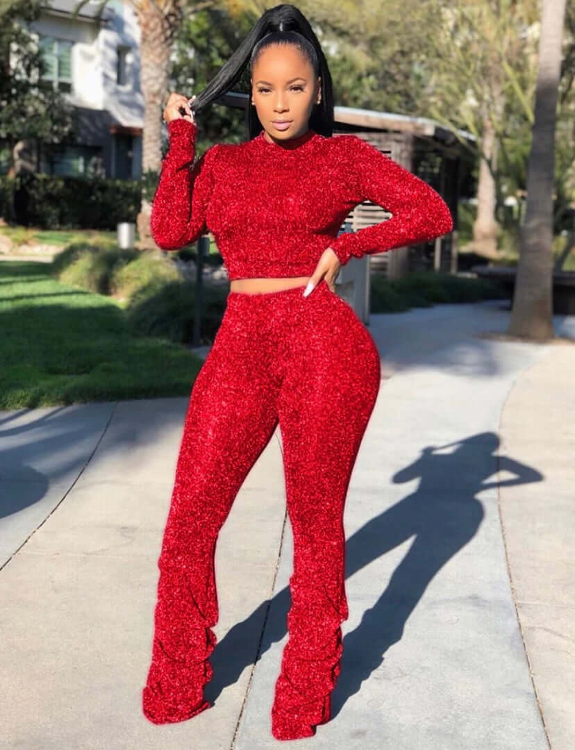 red Crop Top Flared Pants Set Bodycon Jumpsuit