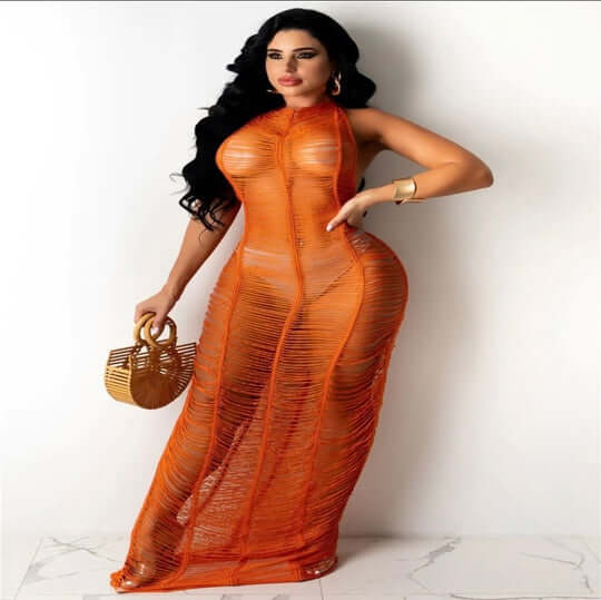 orange Halter Tassel Backless Bikini Cover Up Maxi Dress
