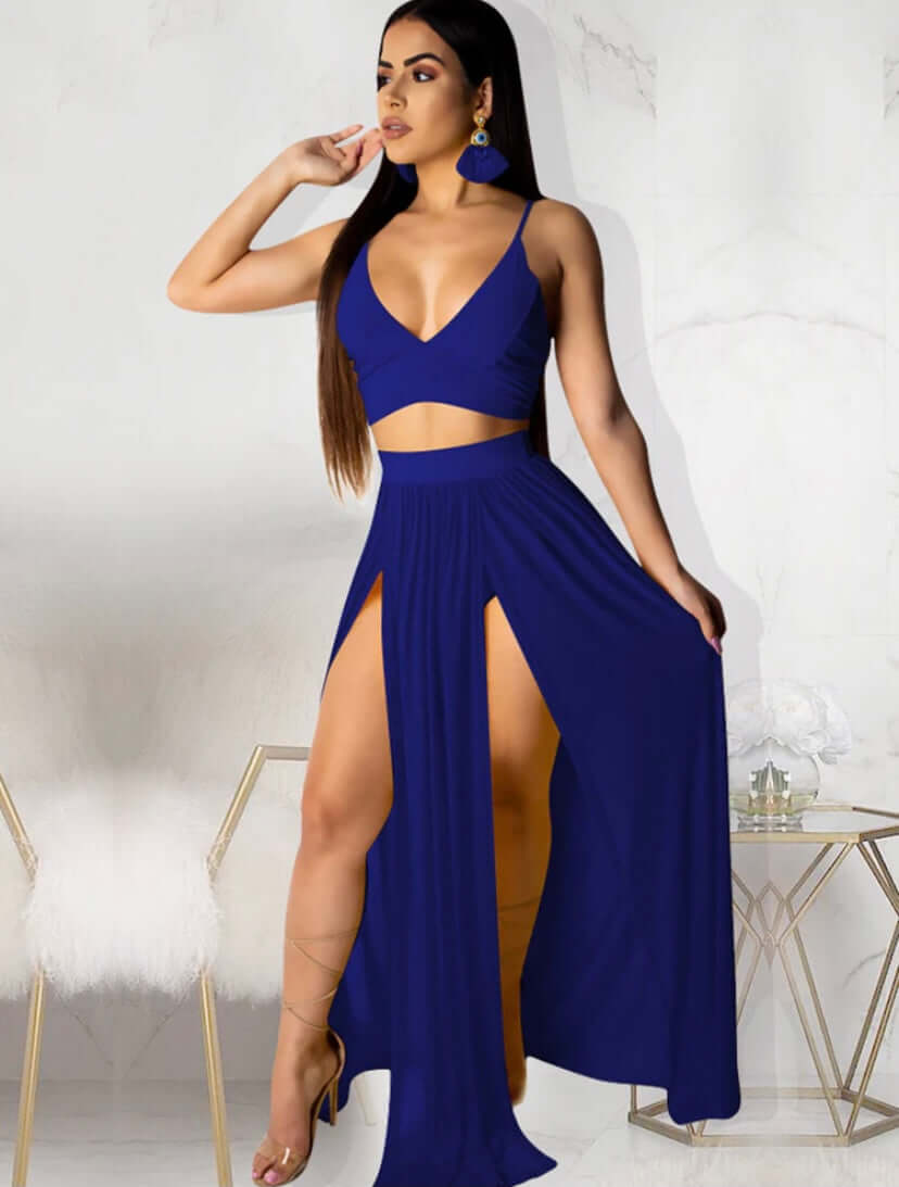 blue Women Tassels Hollow Out 2 Piece Outfits