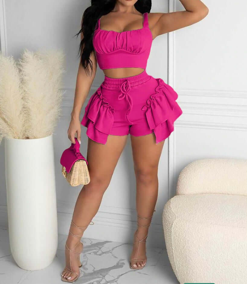 pink Two Piece Sleeveless Tank Tops Ruffle Shorts Set