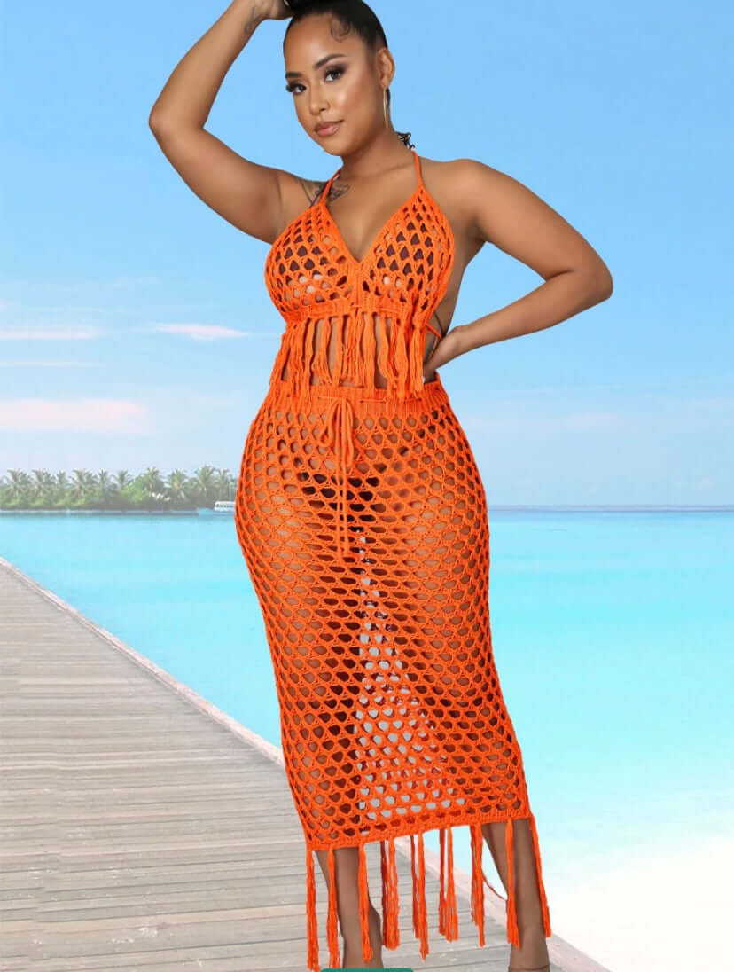 orange Women 2 Piece Sexy Swimwear Cover-Ups Mesh Crochet Tassel