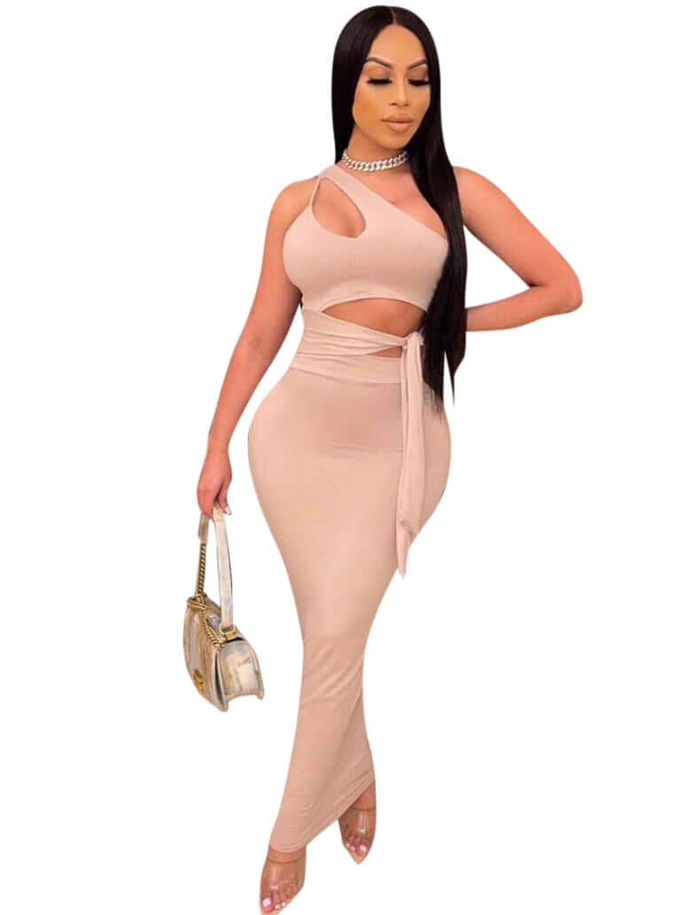 taupe Sleeveless One Shoulder Tie Waist Maxi Dress Outfits