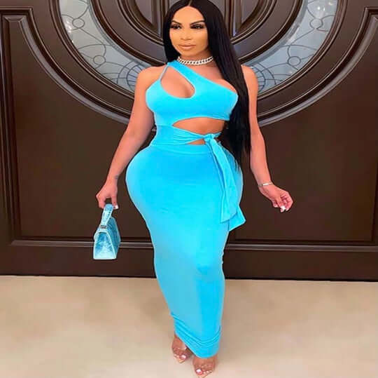 blue Sleeveless One Shoulder Tie Waist Maxi Dress Outfits