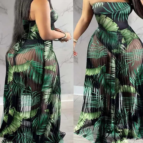 tropical Off Shoulder Sleeveless Plain Sheer Mesh Dress