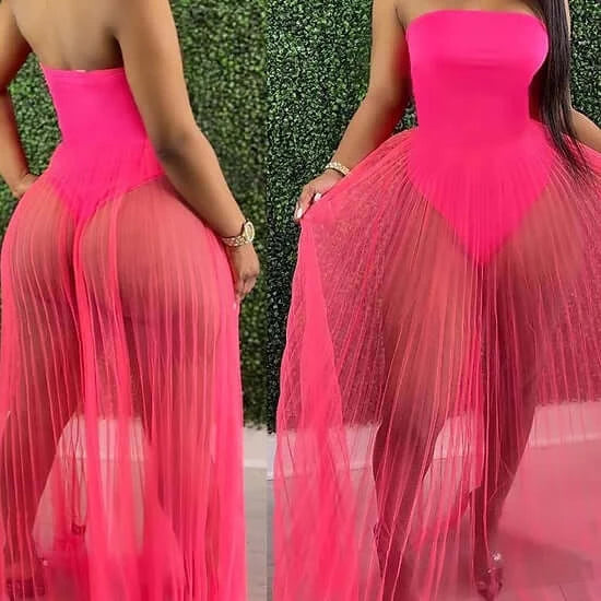 pink Off Shoulder Sleeveless Plain Sheer Mesh Dress