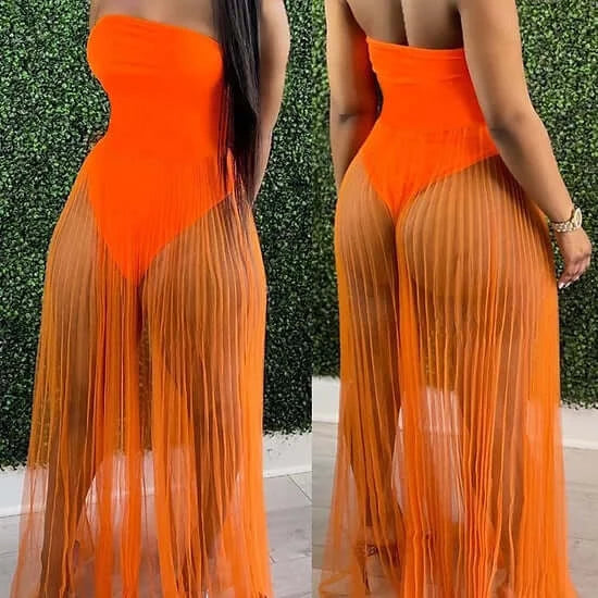 orange Off Shoulder Sleeveless Plain Sheer Mesh Dress