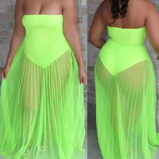 lime Off Shoulder Sleeveless Plain Sheer Mesh Dress