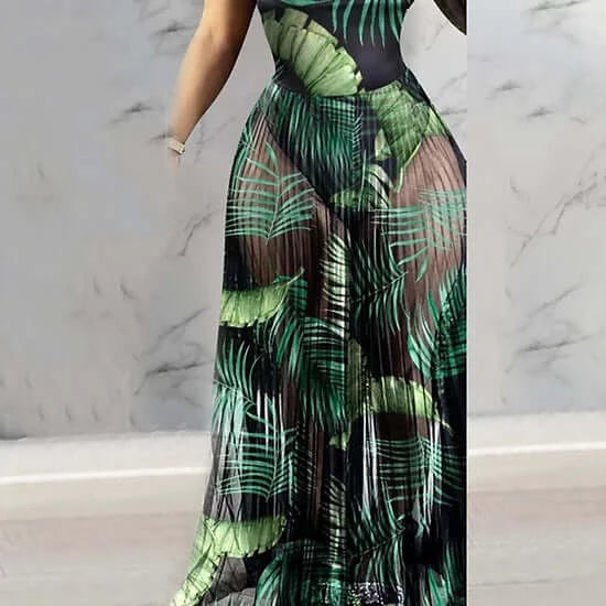 tropical Off Shoulder Sleeveless Plain Sheer Mesh Dress