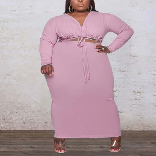 pink Womens Plus Size 2 Piece Dress Bandage Wrap Empire Crop Tops and Skirt Sets