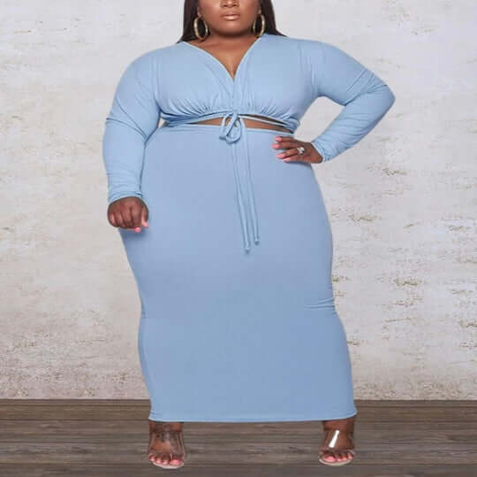 blue Womens Plus Size 2 Piece Dress Wrap Empire Crop Tops and Skirt Sets