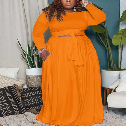 orange Womens Plus Size 2 Piece Dress Wrap Empire Crop Tops and Skirt Sets