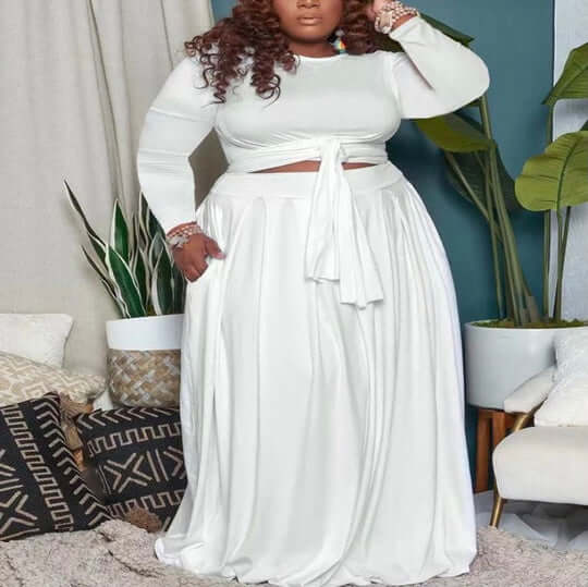 white Womens Plus Size 2 Piece Dress Wrap Empire Crop Tops and Skirt Sets