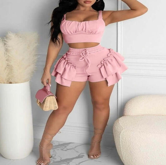 pink Two Piece Sleeveless Tank Tops Ruffle Shorts Set